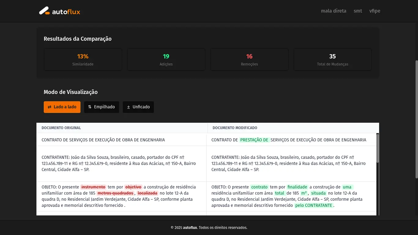 Tela do Compara DOC mostrando o comparador de documentos
